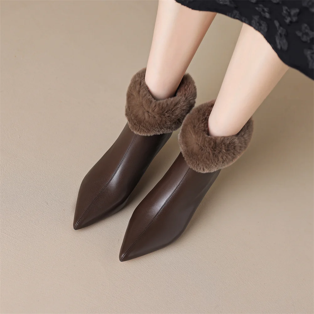 Elegant cow leather rabbit fur pointed toe side zip high quality kitten heel shoe - Image 4