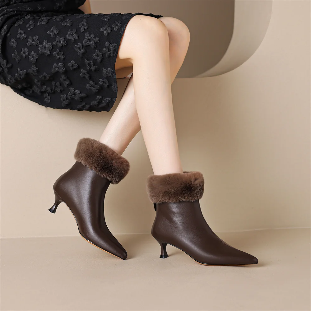 Elegant cow leather rabbit fur pointed toe side zip high quality kitten heel shoe - Image 2