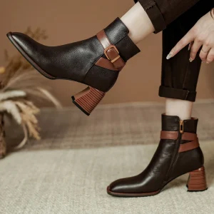 Elegant genuine leather ankle strap square toe daily thick high heel shoes