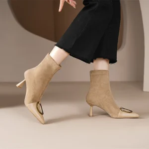 Elegant genuine leather flock patchwork pointed toe slip-on ankle boots