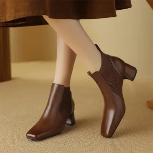 Elegant genuine leather stretch knit slip-on chelsea sqaure toe short ankle boots