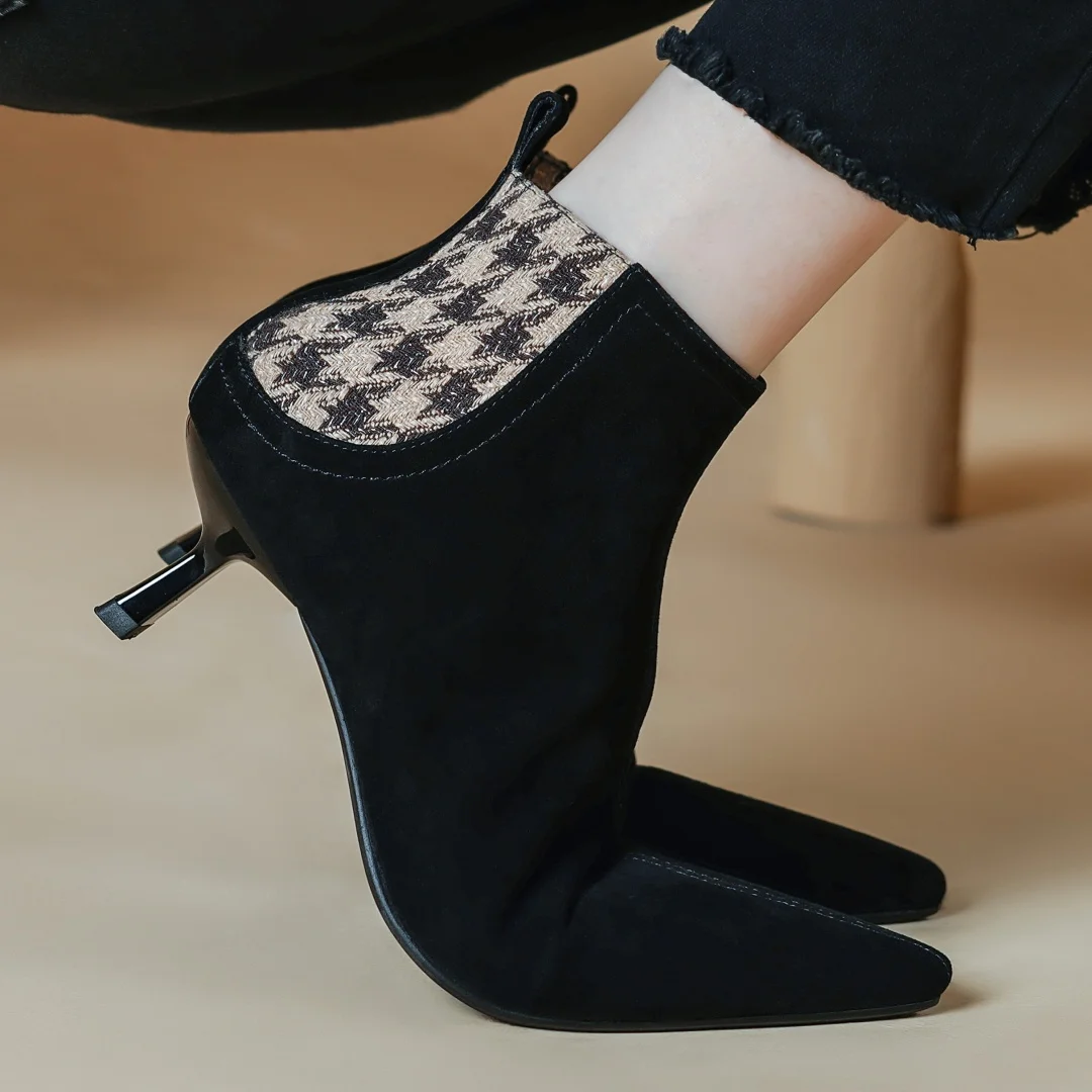 Elegant natural suede leather fabric patchwork side zip ankle thin high heel pointed toe short boots - Image 8