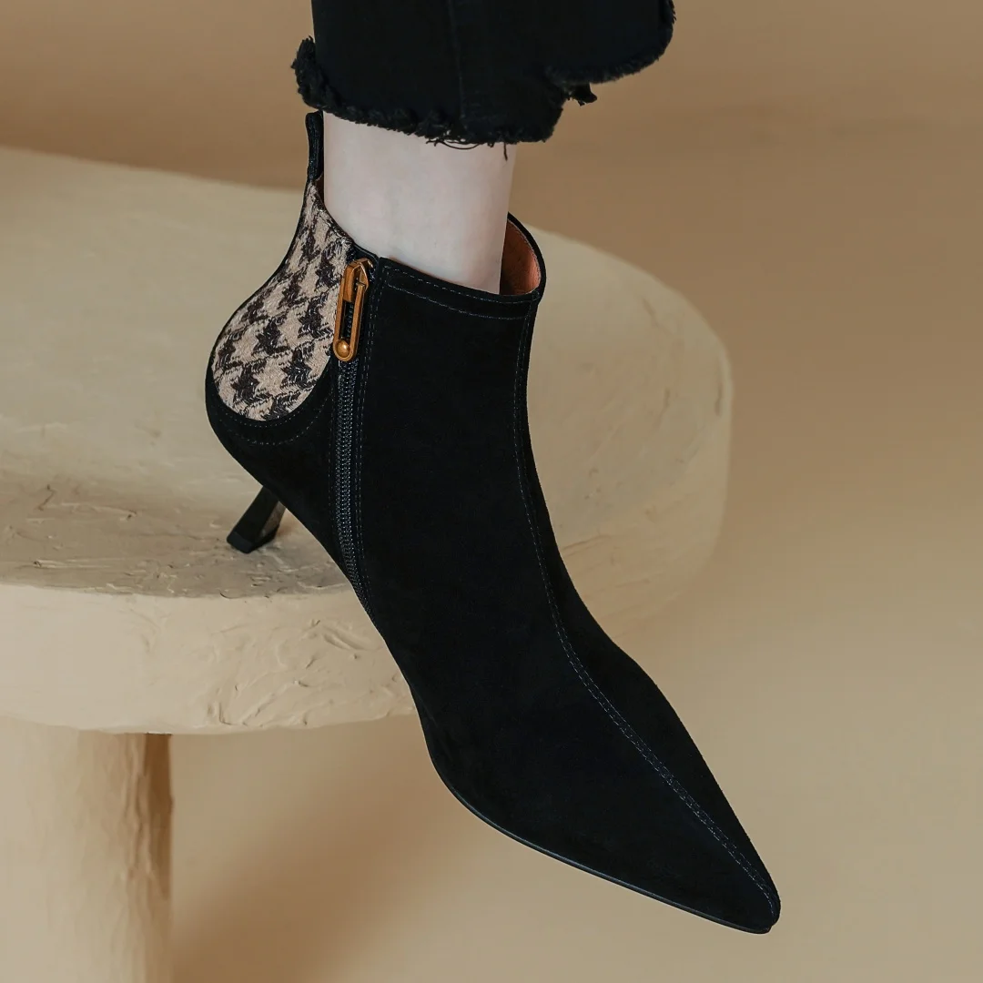 Elegant natural suede leather fabric patchwork side zip ankle thin high heel pointed toe short boots - Image 10