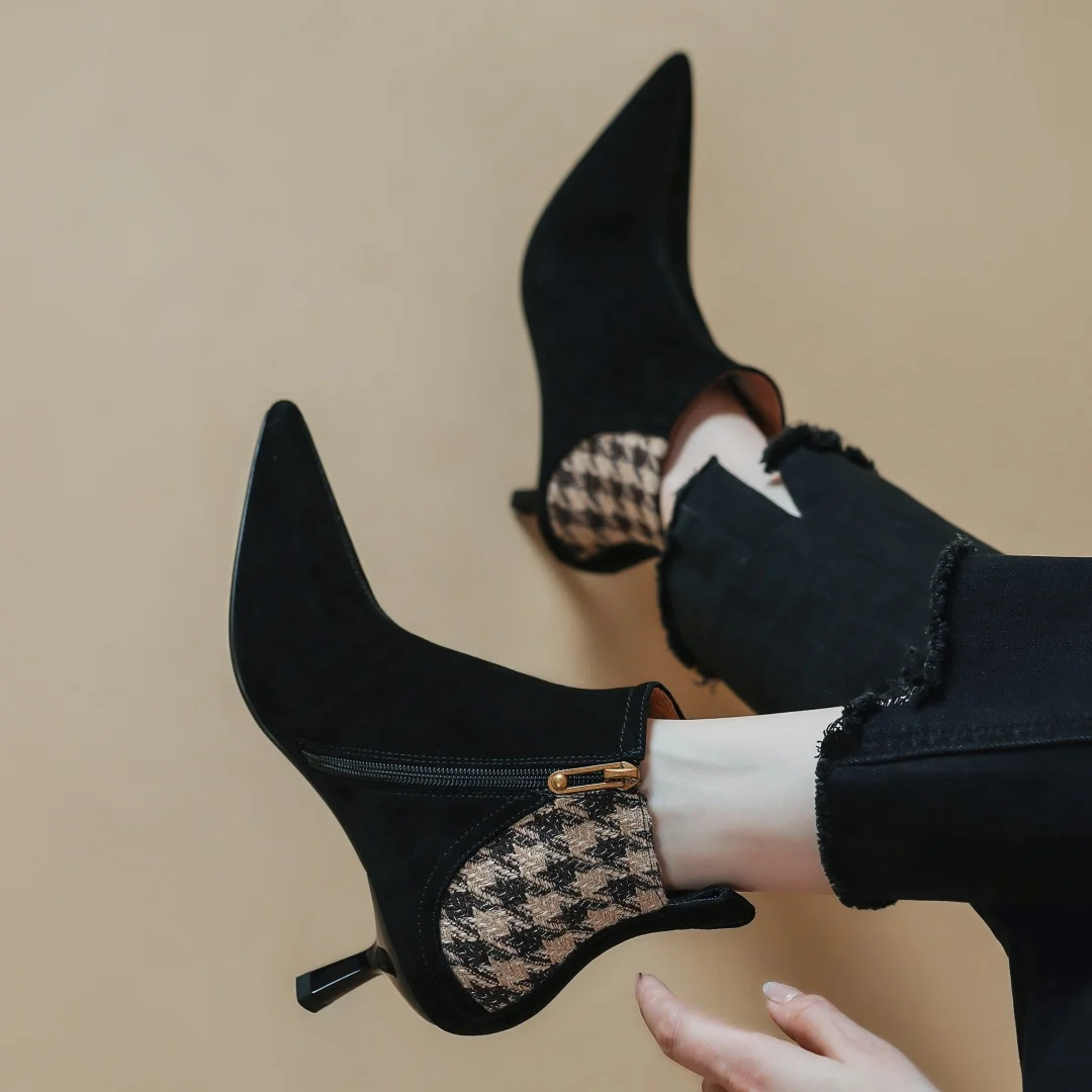 Elegant natural suede leather fabric patchwork side zip ankle thin high heel pointed toe short boots - Image 7