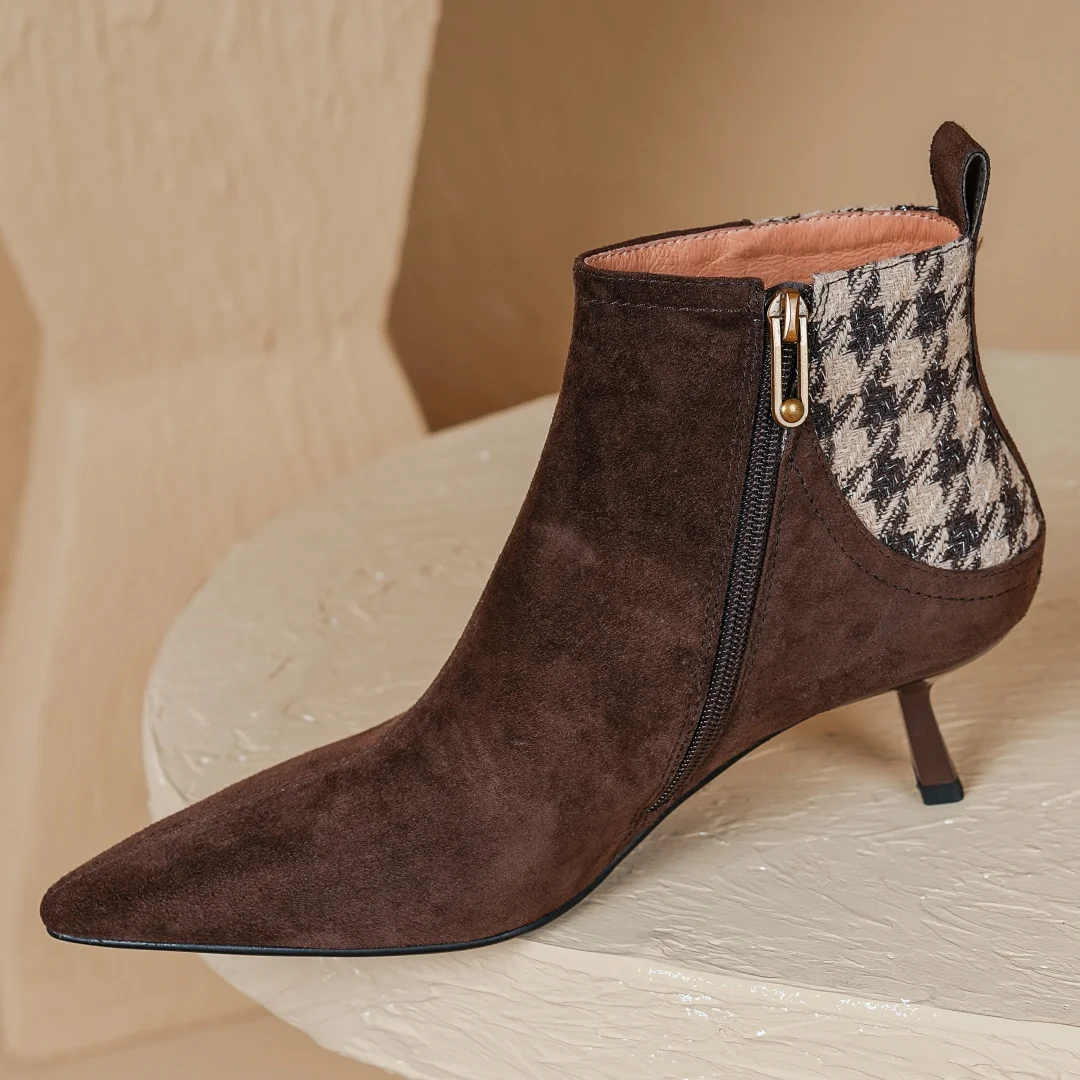 Elegant natural suede leather fabric patchwork side zip ankle thin high heel pointed toe short boots - Image 6