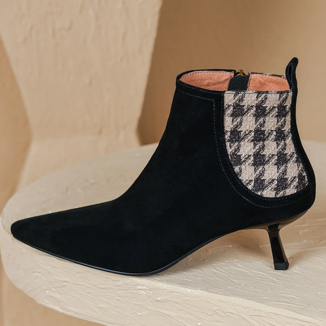 Elegant natural suede leather fabric patchwork side zip ankle thin high heel pointed toe short boots - Image 12