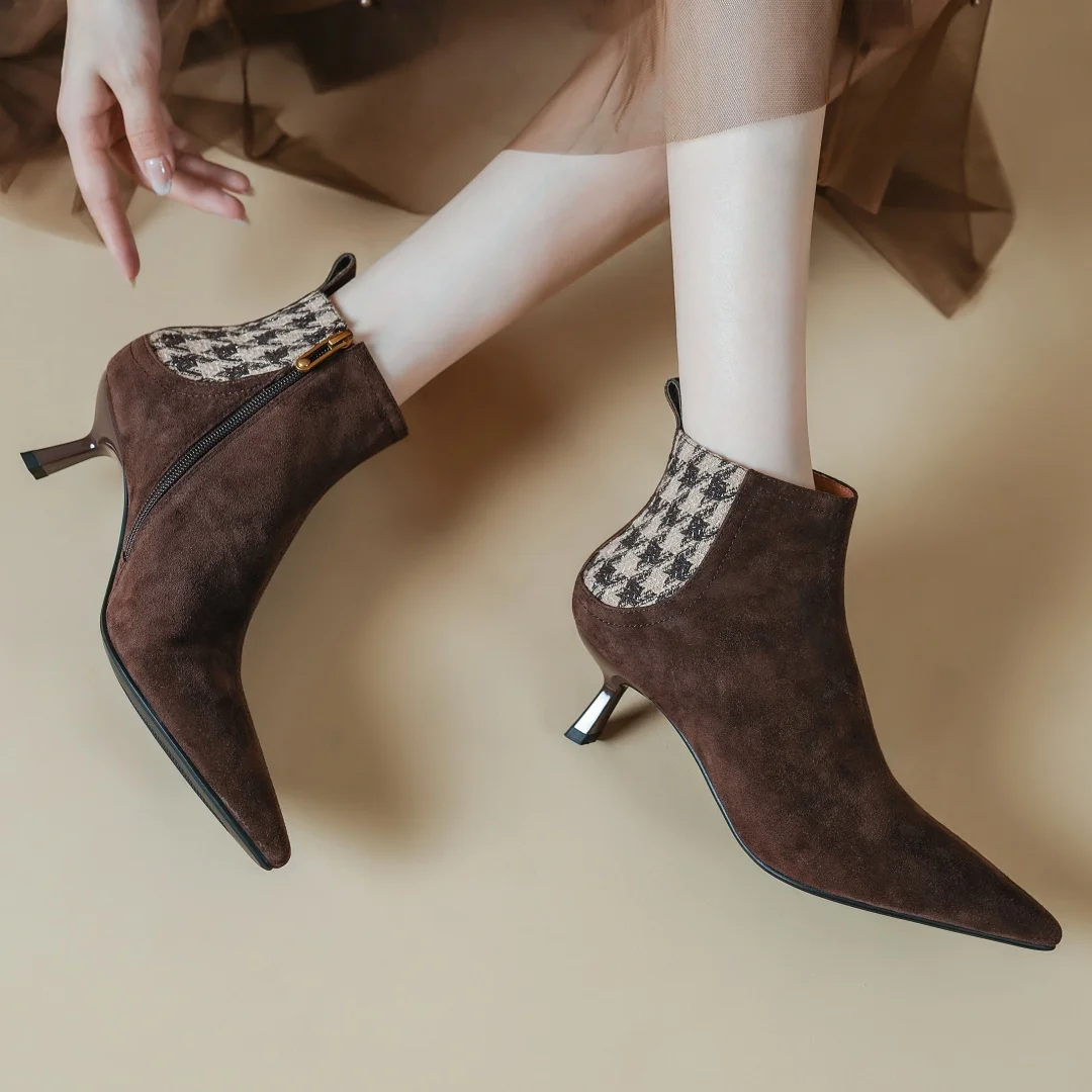 Elegant natural suede leather fabric patchwork side zip ankle thin high heel pointed toe short boots