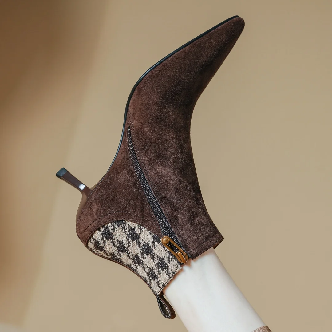 Elegant natural suede leather fabric patchwork side zip ankle thin high heel pointed toe short boots - Image 5