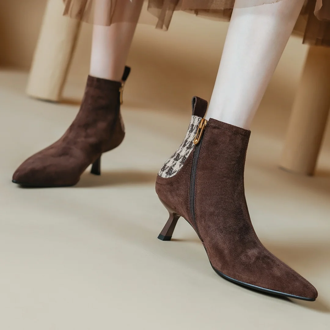 Elegant natural suede leather fabric patchwork side zip ankle thin high heel pointed toe short boots - Image 2
