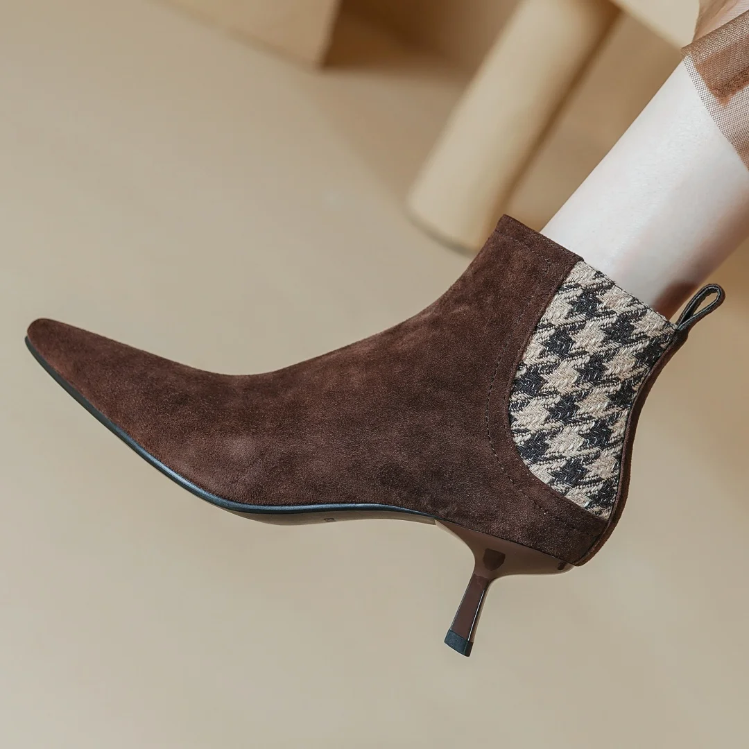 Elegant natural suede leather fabric patchwork side zip ankle thin high heel pointed toe short boots - Image 4