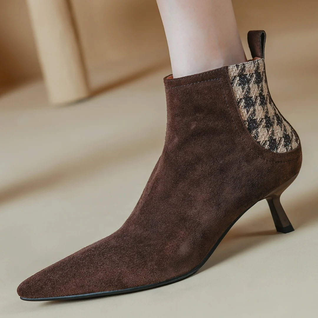 Elegant natural suede leather fabric patchwork side zip ankle thin high heel pointed toe short boots - Image 3