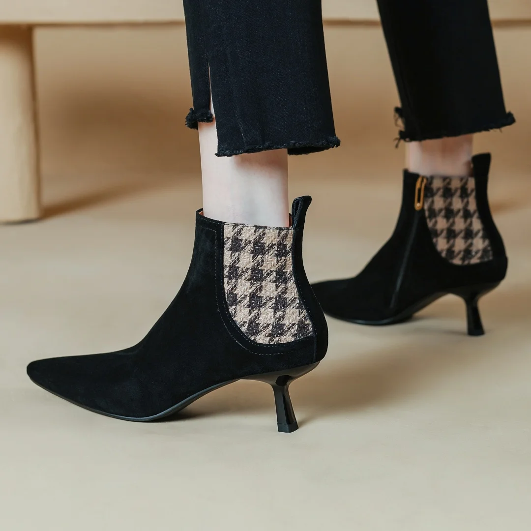 Elegant natural suede leather fabric patchwork side zip ankle thin high heel pointed toe short boots - Image 9