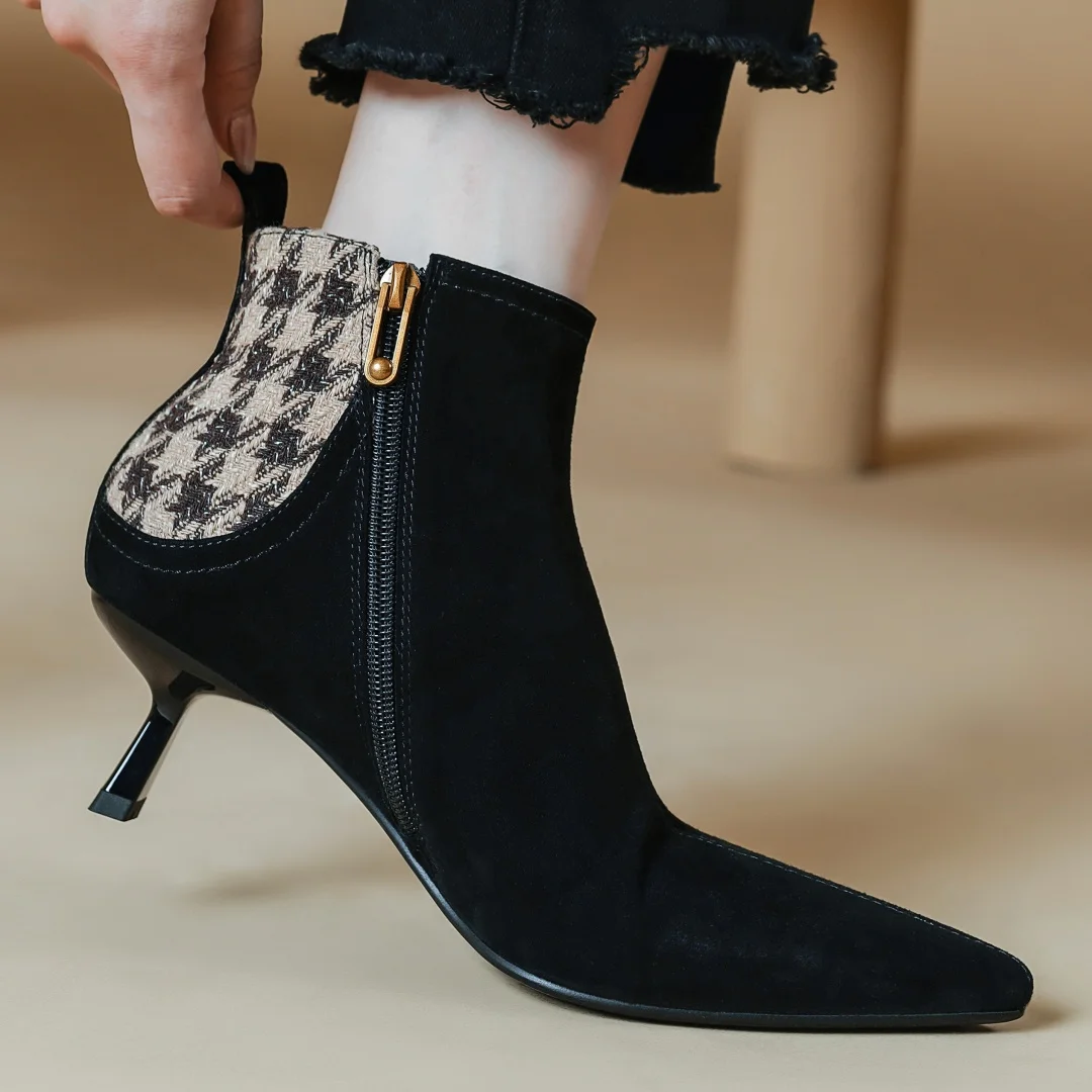 Elegant natural suede leather fabric patchwork side zip ankle thin high heel pointed toe short boots - Image 11