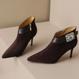 Elegant natural suede leather pointed toe side zip crystal buckle short ankle boots