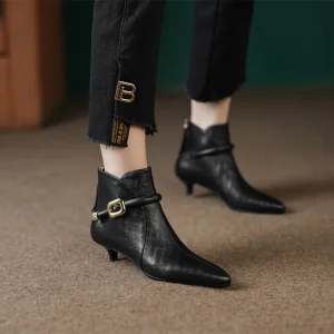 Elegant pointed toe metal buckle side zip short kitten heel booties dress shoes