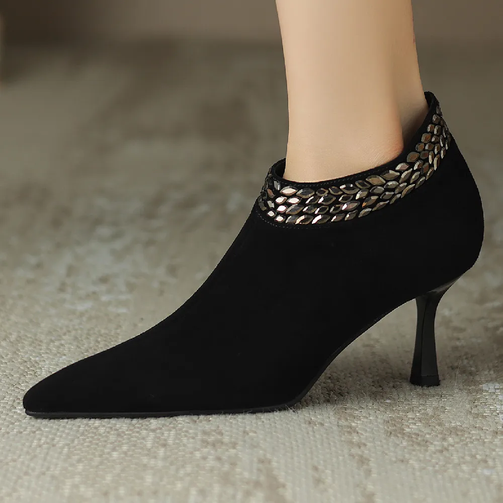 Elegant pointed toe side zip pumps natural suede leather evening dress heels - Image 9