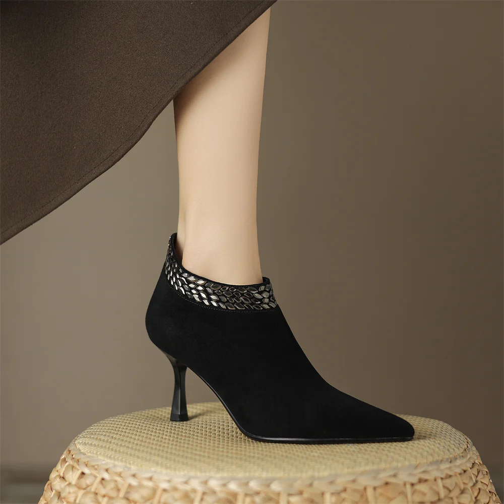Elegant pointed toe side zip pumps natural suede leather evening dress heels - Image 5