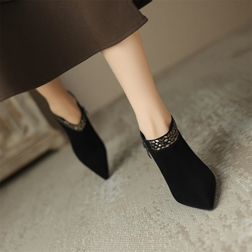 Elegant pointed toe side zip pumps natural suede leather evening dress heels - Image 2