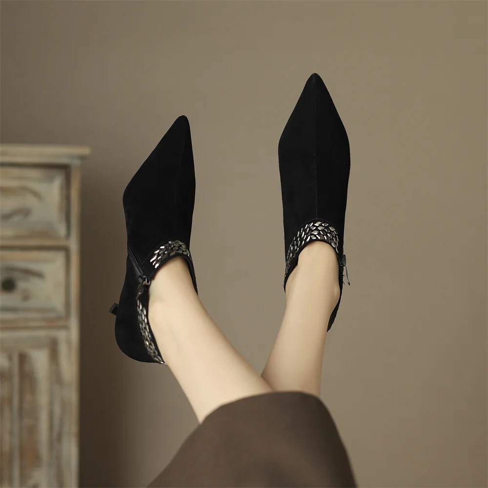 Elegant pointed toe side zip pumps natural suede leather evening dress heels - Image 3