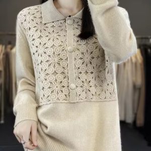 Embroidery Solid Color Single Breasted Loose Wool Knit Bottoming Polo Lapel Cashmere Sweater