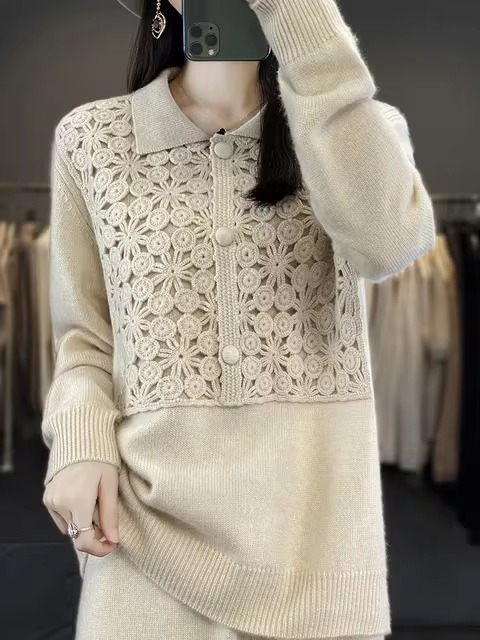 Embroidery Solid Color Single Breasted Loose Wool Knit Bottoming Polo Lapel Cashmere Sweater