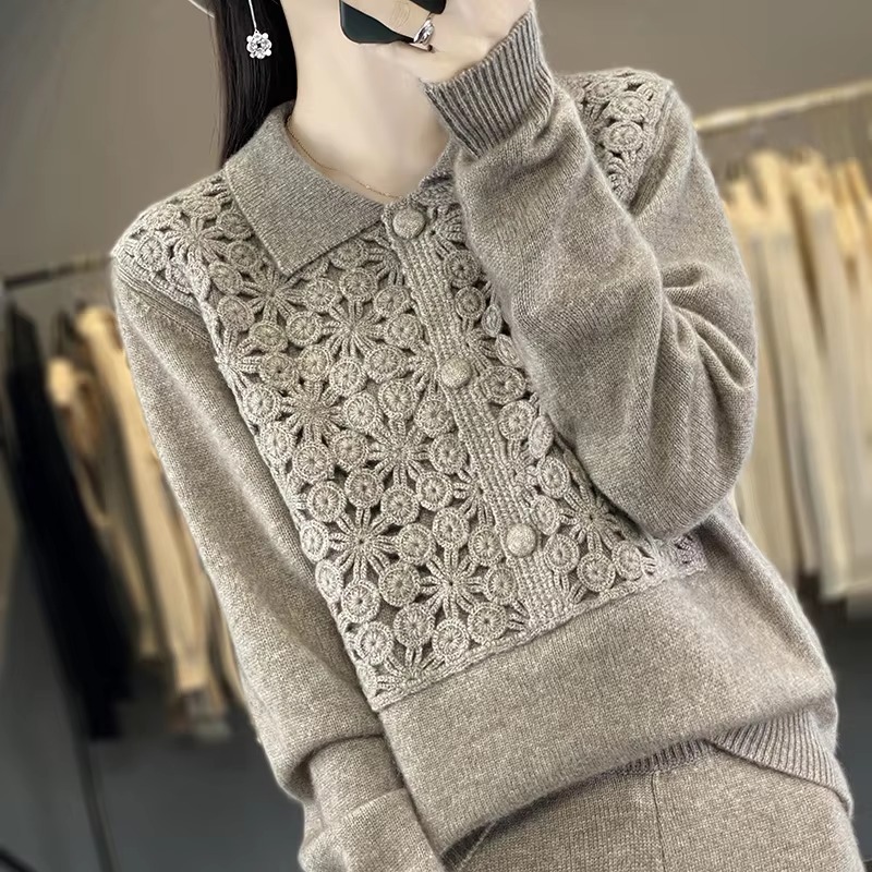 Embroidery Solid Color Single Breasted Loose Wool Knit Bottoming Polo Lapel Cashmere Sweater - Image 4