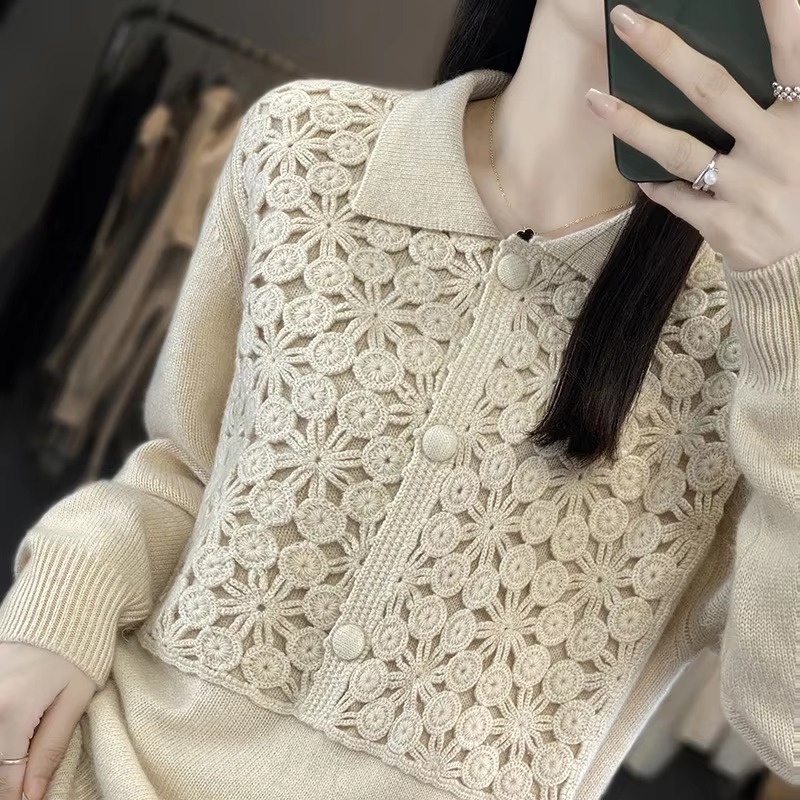 Embroidery Solid Color Single Breasted Loose Wool Knit Bottoming Polo Lapel Cashmere Sweater - Image 2