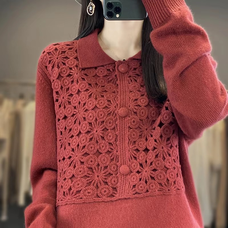 Embroidery Solid Color Single Breasted Loose Wool Knit Bottoming Polo Lapel Cashmere Sweater - Image 5