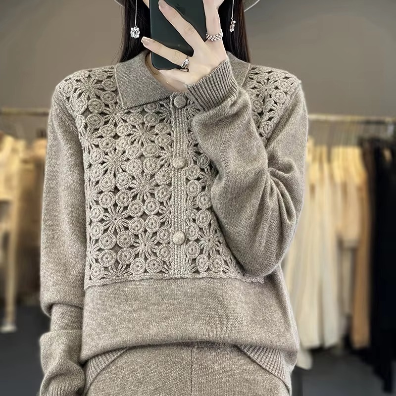 Embroidery Solid Color Single Breasted Loose Wool Knit Bottoming Polo Lapel Cashmere Sweater - Image 3