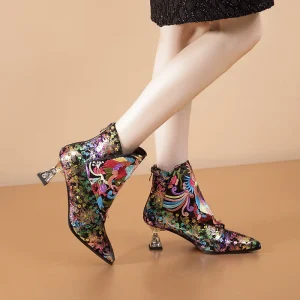 Ethnic Floral Embroidery handmade top quality pointed toe short Ankle Boot