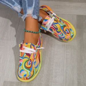 Ethnic Rainbow Canvas Casual Round Toe Print Lace-up Daily Flat Shoes