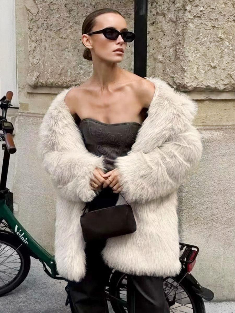 Faux Fur Collared Oversized Long Sleeve Outerwear Coats