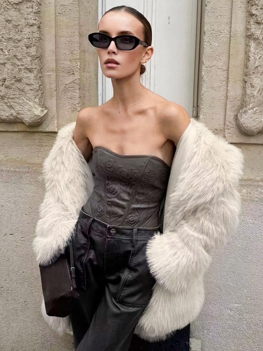 Faux Fur Collared Oversized Long Sleeve Outerwear Coats - Image 3