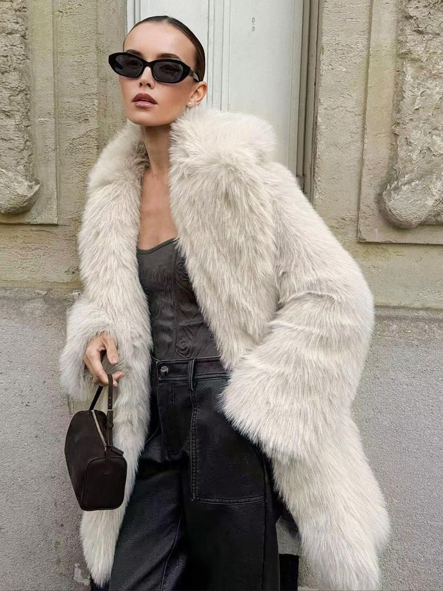 Faux Fur Collared Oversized Long Sleeve Outerwear Coats - Image 2