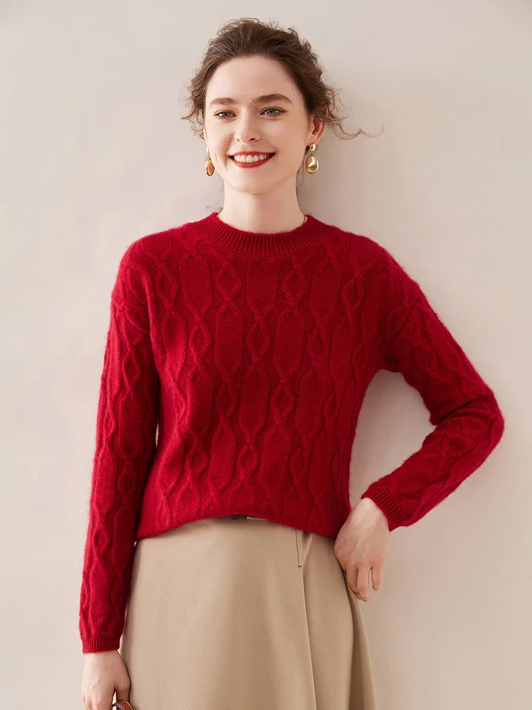 Casual O-neck Pullover Thick Soft Warm Twist Knitwear High Quality Cashmere Sweater