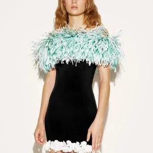 Flower Strapless Off The Shoulder Tassel Short Sleeves Party Bodycon Mini Dresses