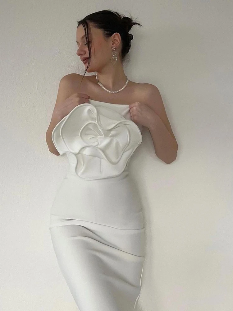 Flower Strapless Sleeveless Backless Evening Party Bodycon Midi Dresses - Image 7