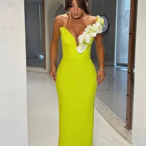 Flower V-Neck Strapless zipper High Street Bandage Bodycon Long Dress