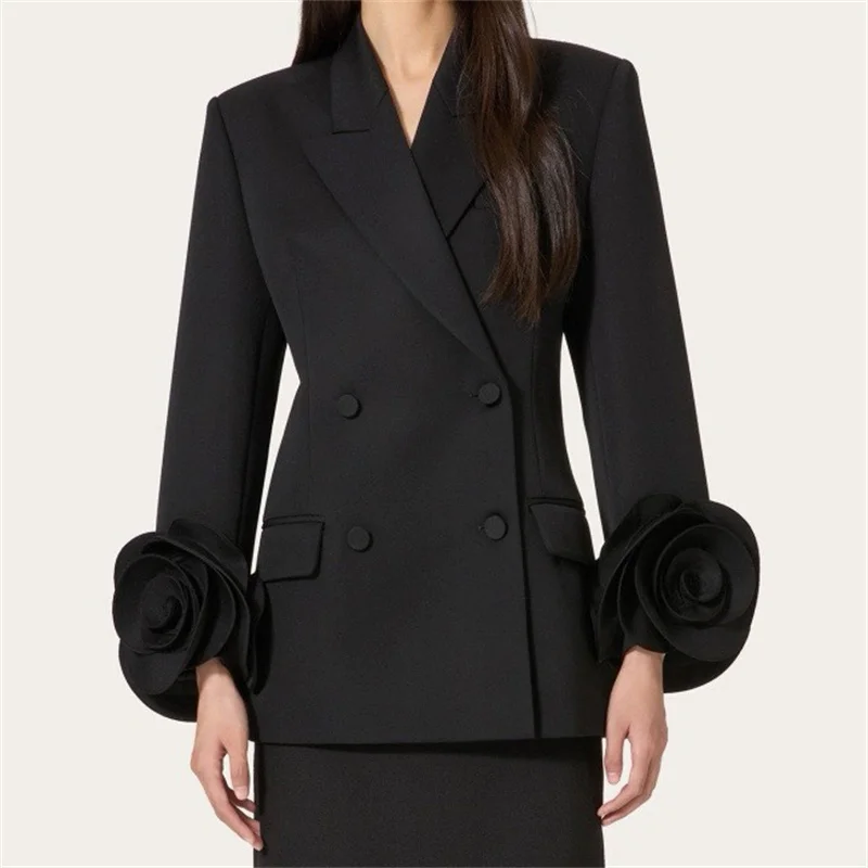 Flower decoration Cotton long sleeved Double breasted slim blazer
