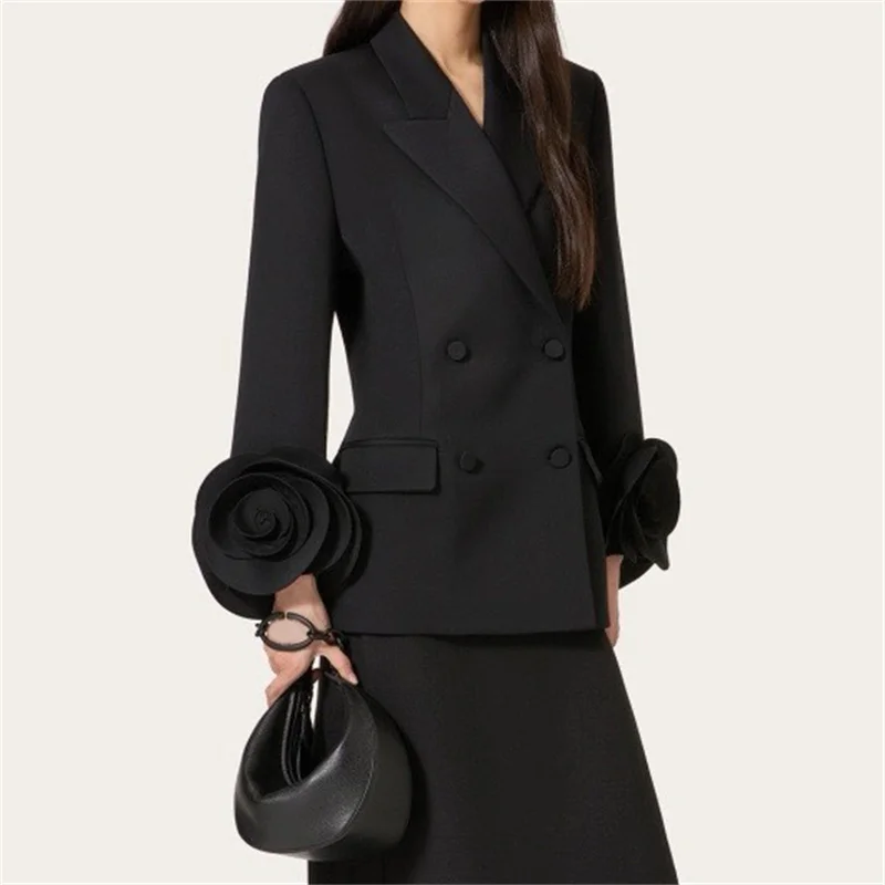 Flower decoration Cotton long sleeved Double breasted slim blazer - Image 2