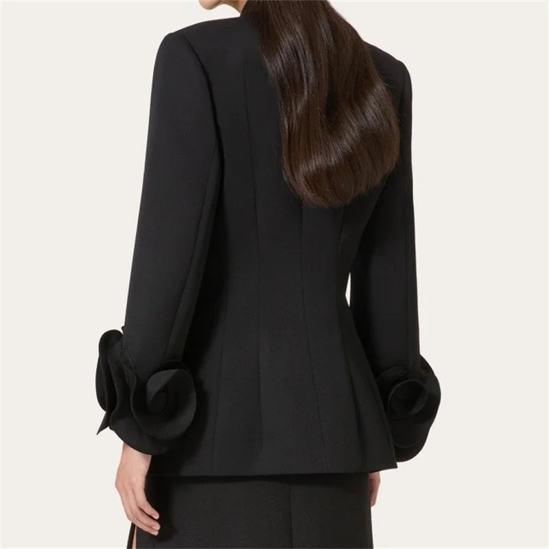 Flower decoration Cotton long sleeved Double breasted slim blazer - Image 3