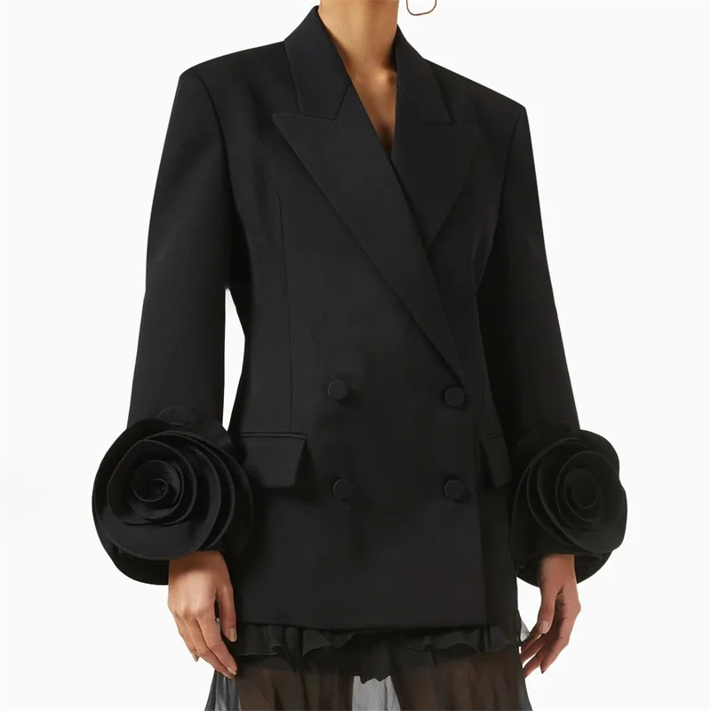 Flower decoration Cotton long sleeved Double breasted slim blazer - Image 4
