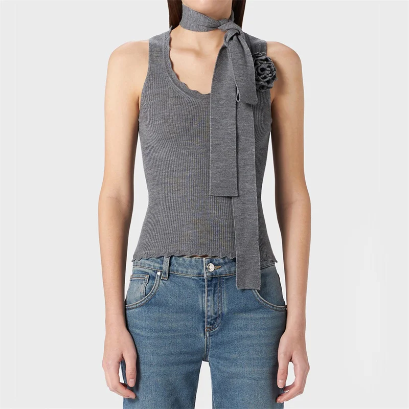 Flower decoration High quality wool blend sleeveless Elastic slim knitwear sweater