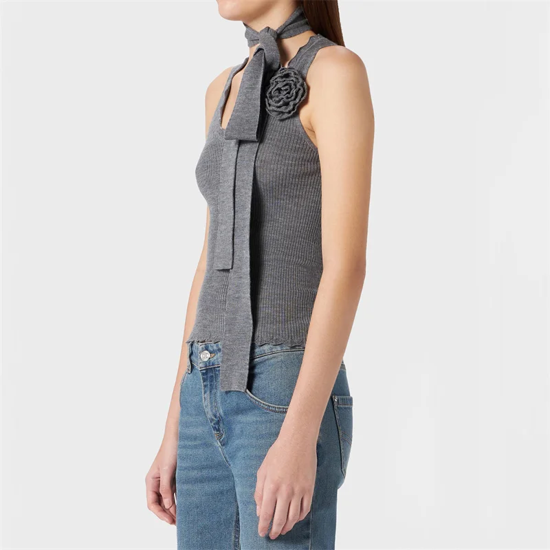 Flower decoration High quality wool blend sleeveless Elastic slim knitwear sweater - Image 2