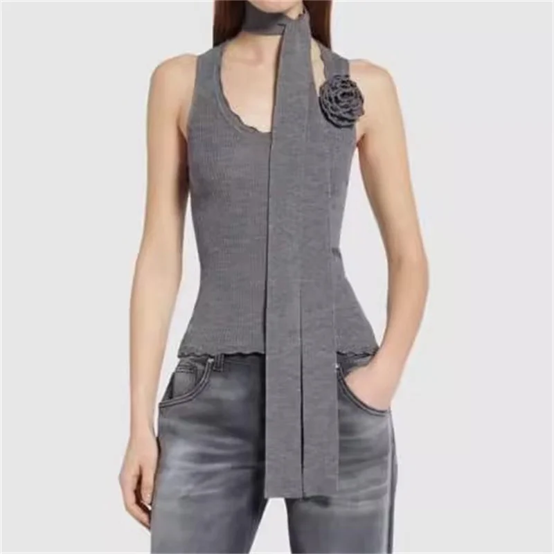Flower decoration High quality wool blend sleeveless Elastic slim knitwear sweater - Image 4
