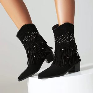 Fringe Pointed Toe Western Booties With Rivets Medium Heel Shoes