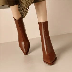 Genuine Leather Pointed Toe Zippers Solid Color Thick Heels Ankle Boots