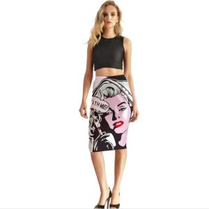Novelty painting print fashion design comics girl slim Middle skirt