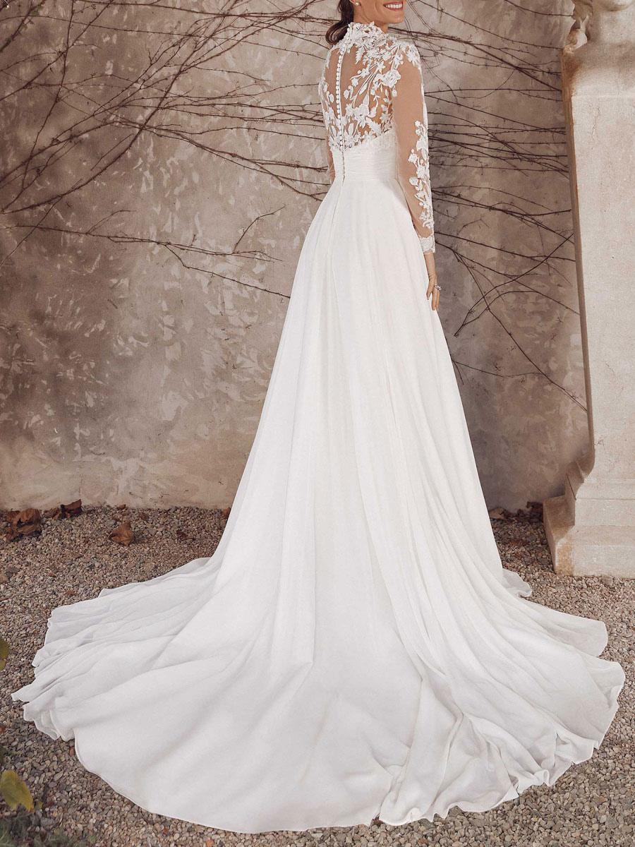 High Collar Long Sleeves Lace A-Line With Train Bridal Wedding Dresses - Image 3