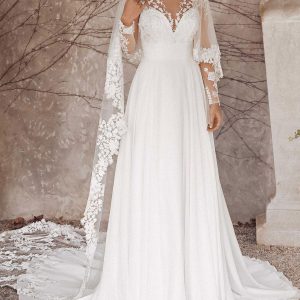 High Collar Long Sleeves Lace A-Line With Train Bridal Wedding Dresses